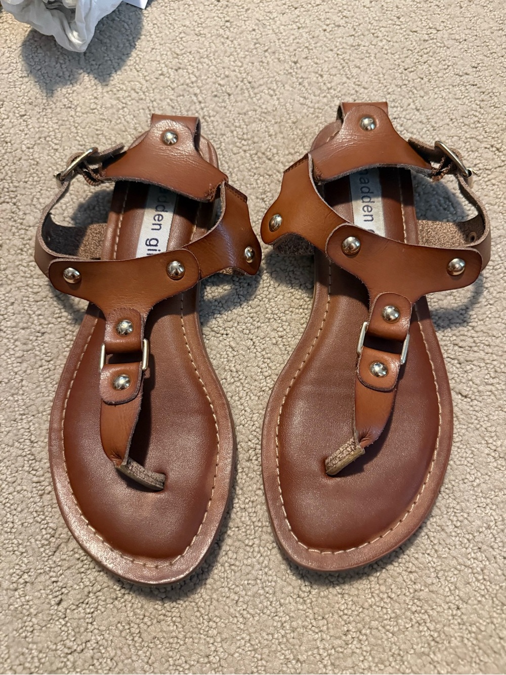 Madden Girl Tan T-Strap Sandals with Gold Studs